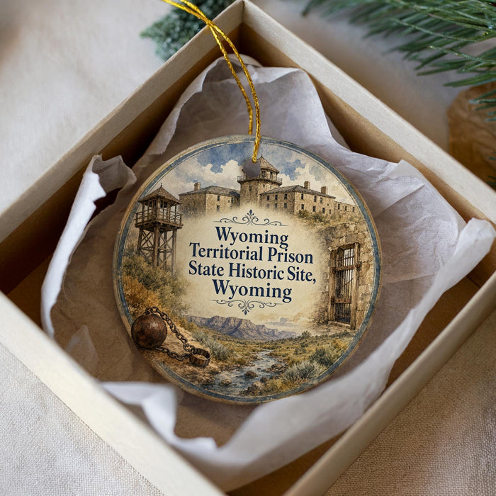 A circular ornament with a painting of a prison and a castle, along with the text "Wyoming Territorial Prison State Historic Site Wyoming".