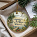 A decorative ornament with a scenic landscape of Yellowstone Lake, State Park, Wisconsin, featuring a dock, a bird, and a house.