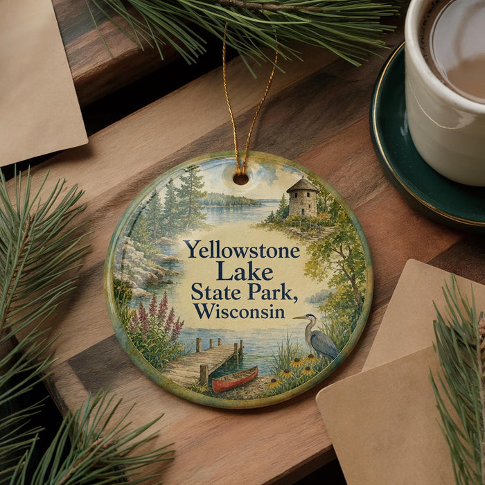 A decorative ornament featuring a scenic landscape of Yellowstone Lake State Park, Wisconsin, with a bird and a boat in the foreground.