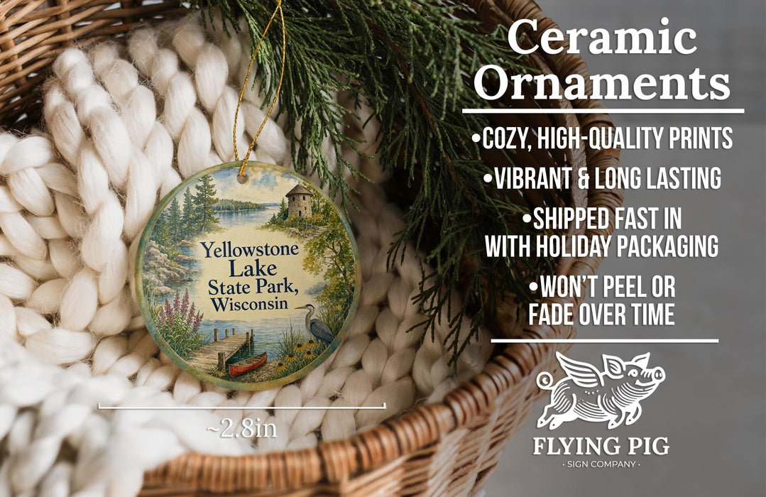 Ceramic ornaments, featuring a scenic image of Yellowstone Lake State Park, Wisconsin, hanging from a wicker basket.