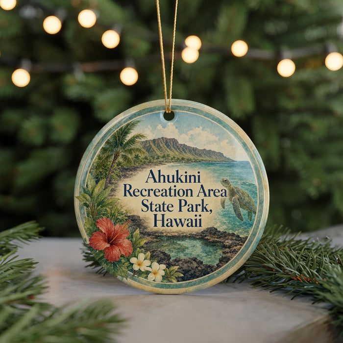 A round ornament with a tropical beach scene and text, hanging on a string.