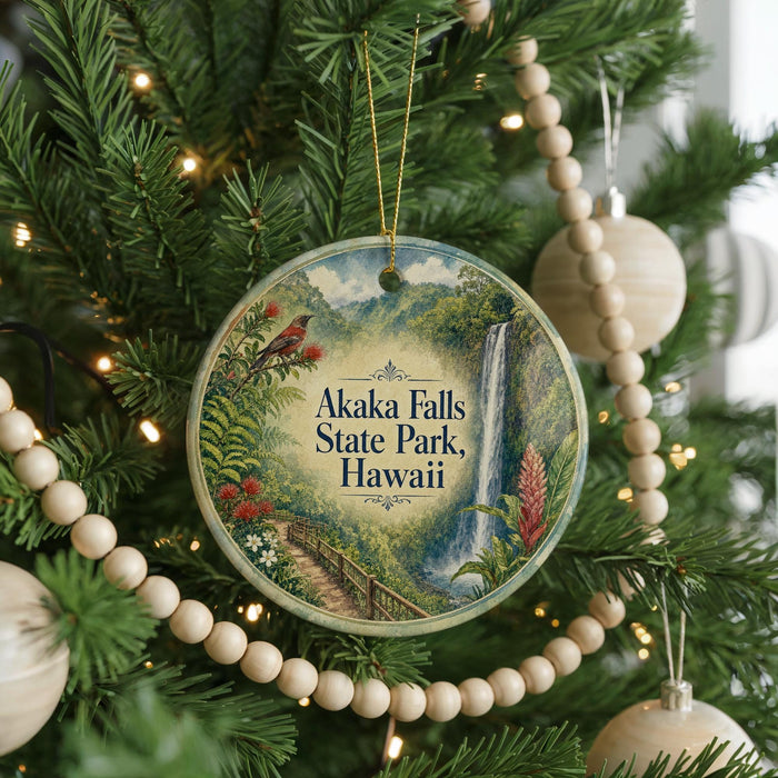 A round ornament hanging on a Christmas tree, featuring a scenic image of Akaka Falls State Park in Hawaii.