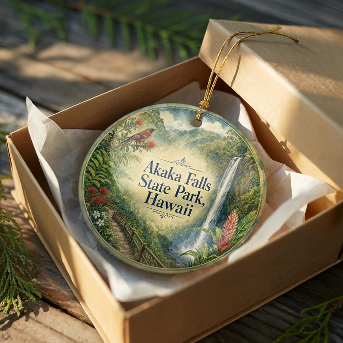 A circular ornament with a scenic image of Akaka Falls State Park in Hawaii, displayed in a wooden box with a gold string.