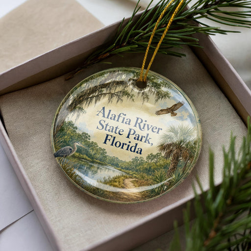 A decorative ornament in a box, featuring a scenic image of the Alafia River State Park in Florida.