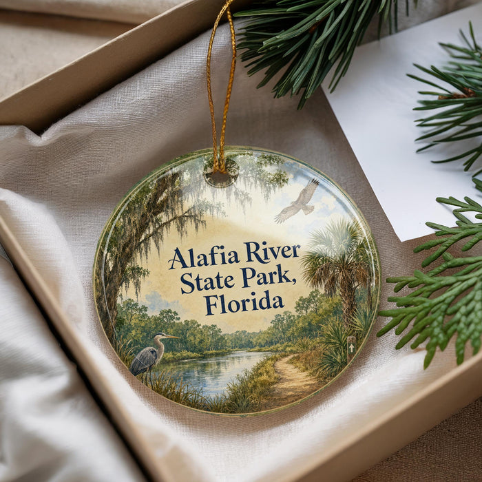 A decorative ornament with a scenic image of the Alafia River State Park in Florida, featuring a heron, palm trees, and a winding path.