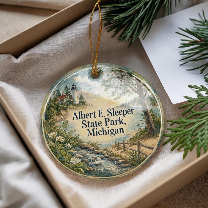 A decorative ornament with a lighthouse and a scenic landscape, placed in a box with pine branches.