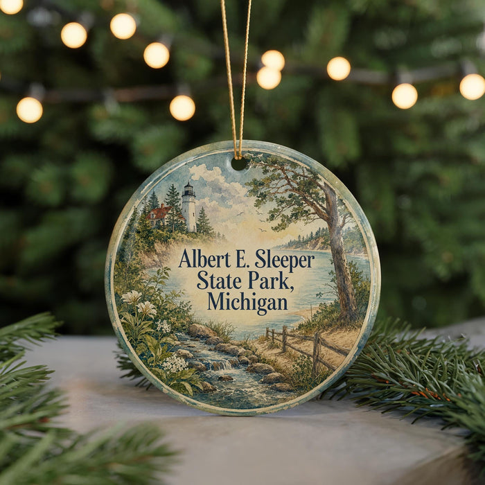 A round ornament with a lighthouse and a scenic landscape, featuring text that reads "Albert E. Sleeper State Park, Michigan".