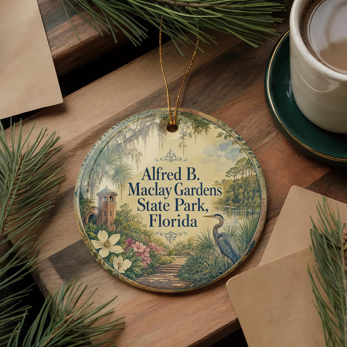 A round ornament with a tropical garden scene hangs on a wooden surface, surrounded by pine branches and a cup of coffee.