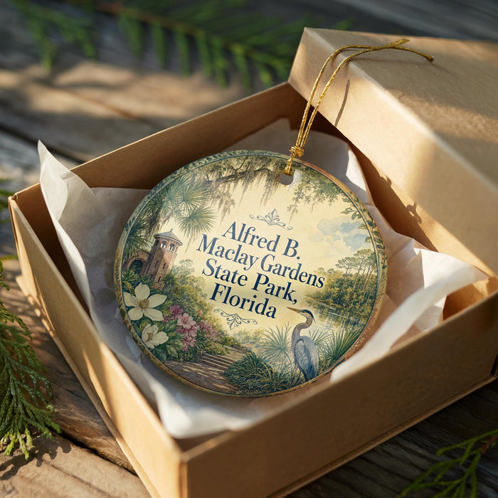 A round ornament in a brown box, featuring a tropical garden scene with palm trees, flowers, and a bird.