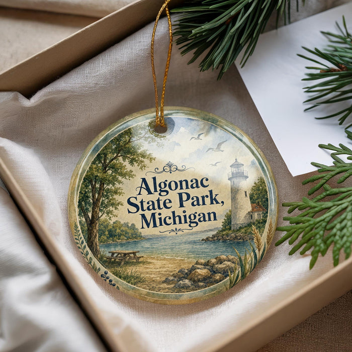 A decorative ornament with a lighthouse and a scenic landscape, featuring the text "Algonac State Park, Michigan" on it.