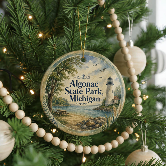 A round ornament hanging on a Christmas tree, featuring a lighthouse and a scenic landscape.