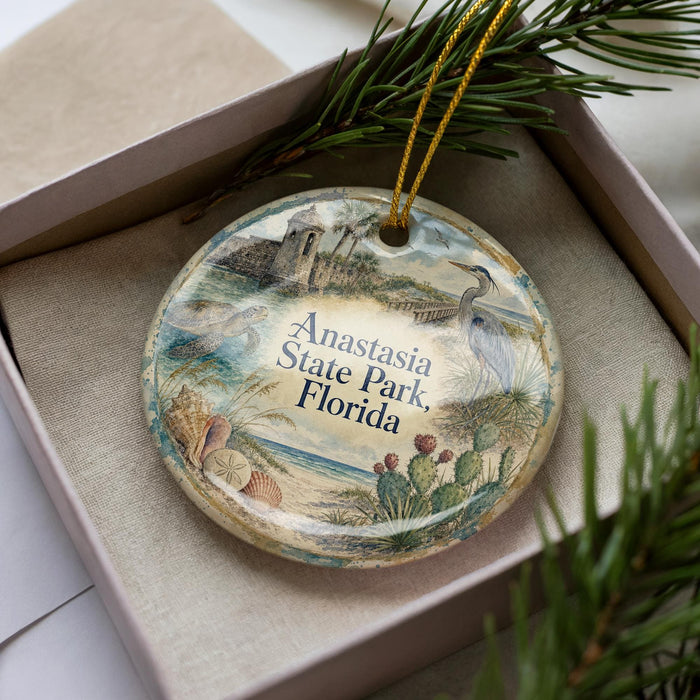 A decorative ornament with a beach scene and a bird is displayed in a box, surrounded by pine branches.