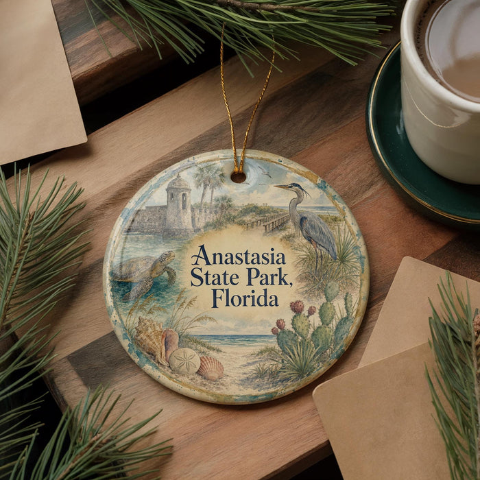 A decorative ornament with a beach scene and a bird, featuring the text "Anastasia State Park, Florida" on it, is placed on a wooden surface alongside a cup of coffee and some pine branches.