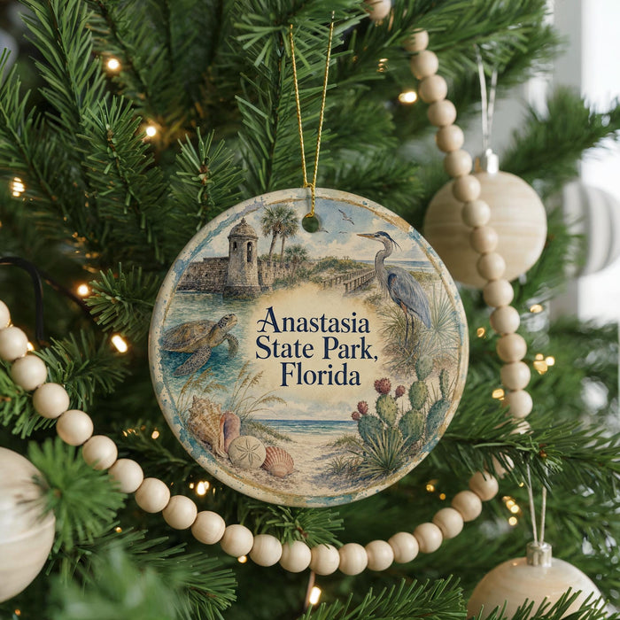 A round ornament hanging on a Christmas tree, featuring illustrations of a bird, a turtle, and a palm tree, with the text "Anastasia State Park, Florida" displayed on it.