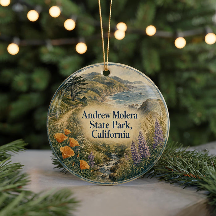 A round ornament with a scenic landscape of mountains, trees, and a river, featuring the text "Andrew Moles Park, California" on it.