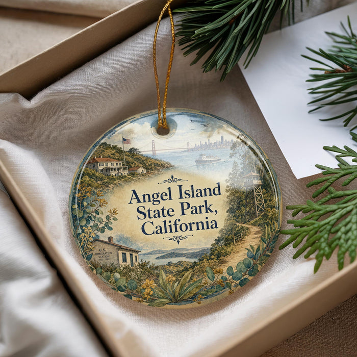 A decorative ornament with a scenic landscape of Angel Island, California, featuring a house, bridge, and other natural elements.