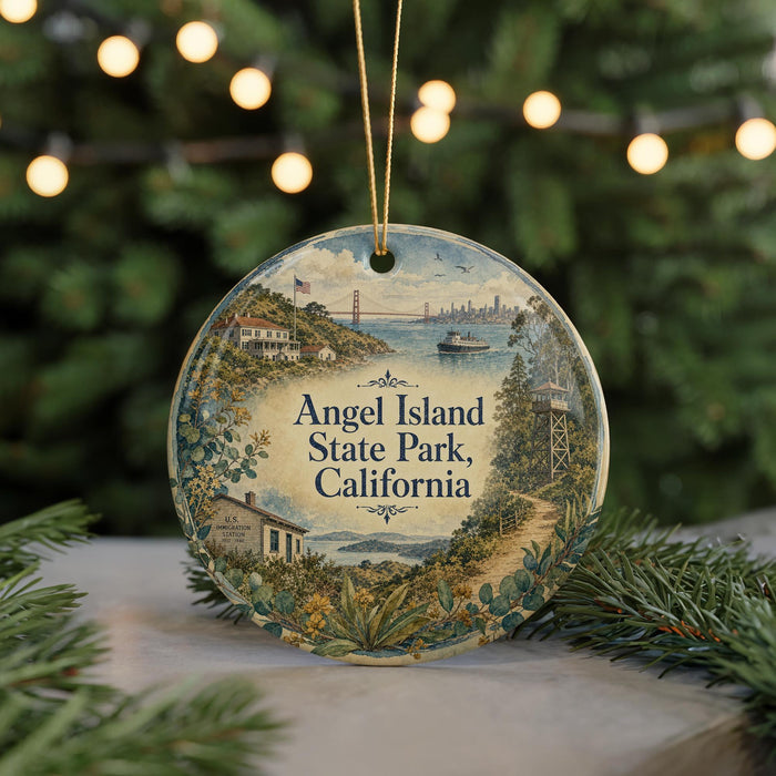 A decorative ornament featuring a scenic view of Angel Island, California, with a bridge and other landmarks in the background.