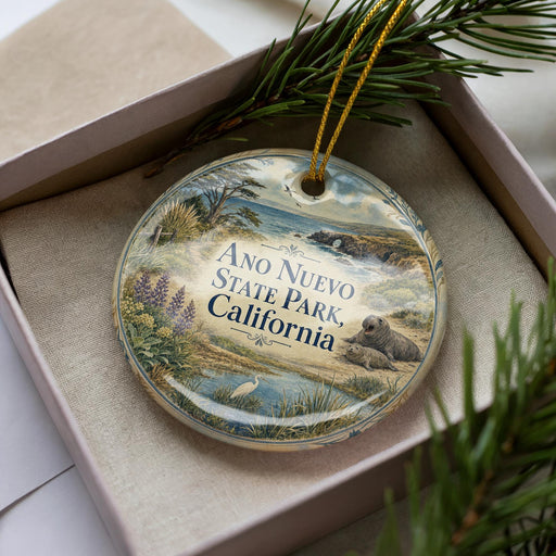 A decorative ornament in a box, featuring an illustration of a park and wildlife, with the text "Ano Nuevo State Park, California" prominently displayed.