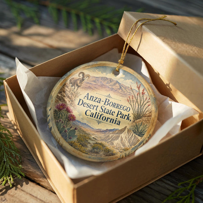 An ornamental ornament in a wooden box, featuring a desert landscape with mountains and cacti, and the text "Anza-Borrego Desert State Park, California".