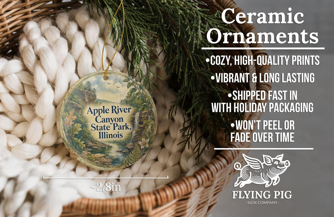 Ceramic ornaments, specifically Apple River Canyon State Park, Illinois ornaments, are displayed in a basket with pine branches. The text highlights the ornaments as cozy, high-quality prints, vibrant and long-lasting, and shipped fast in holiday packaging, with the note that they won't peel or fade over time.