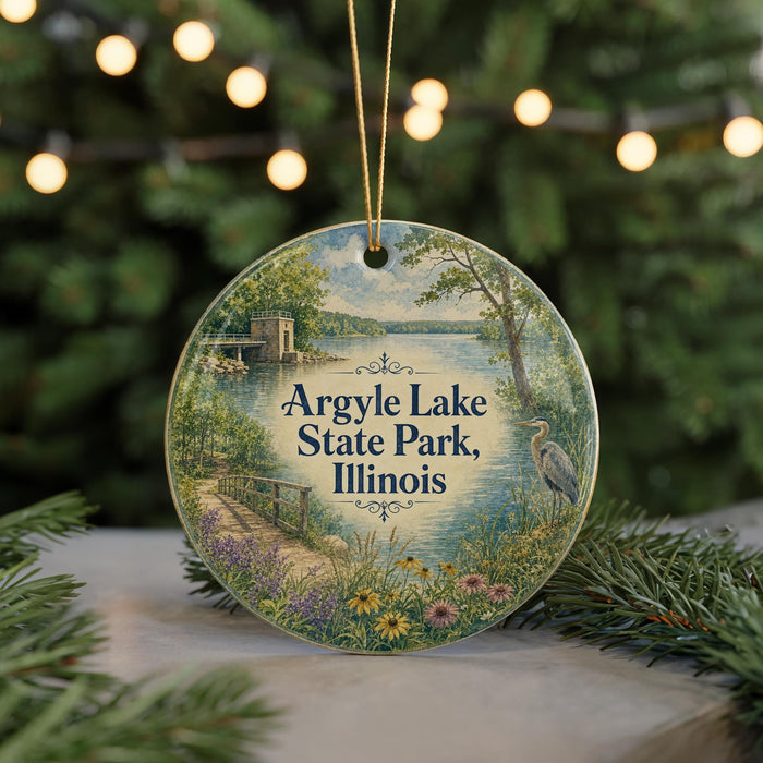 A round ornament with a scenic view of Argyle Lake State Park, Illinois, featuring a bird, flowers, and a path.