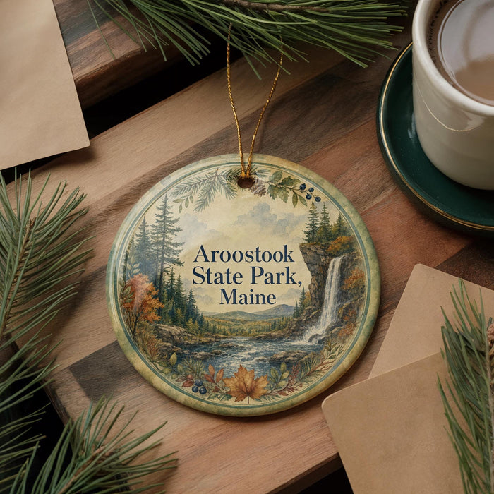 A decorative ornament with a scenic landscape of a waterfall and pine trees, featuring the text "Aroostook State Park, Maine". The ornament is placed on a wooden surface, surrounded by pine branches and a cup of coffee.