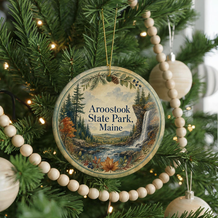 A round ornament hanging on a Christmas tree, featuring a scenic landscape with a waterfall and pine trees.