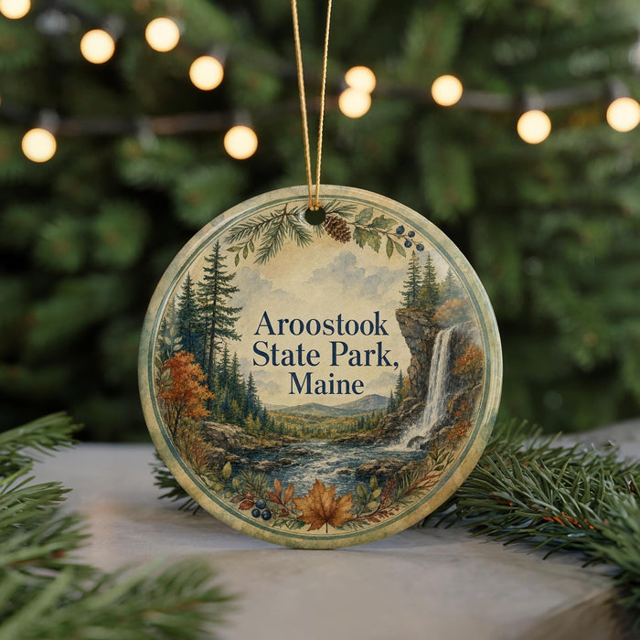 A circular ornament with a scenic landscape of a waterfall, pine trees, and autumn foliage, hanging in front of a blurred background with Christmas lights.