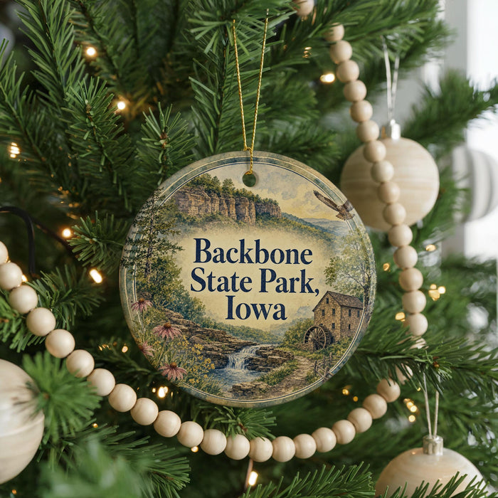 A round ornament hanging on a Christmas tree, featuring a scenic landscape with a river and a house.