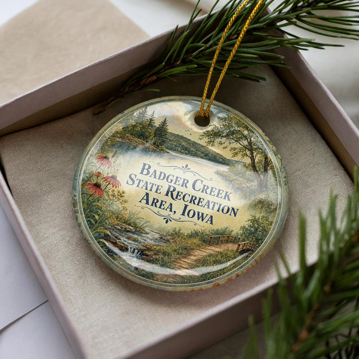 A circular ornament with a landscape scene and text, placed in a box with pine branches.