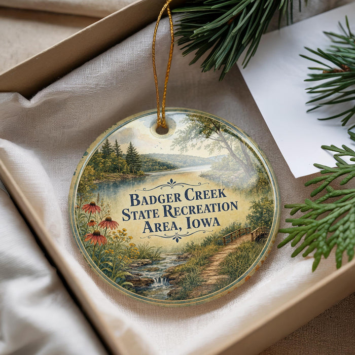 A decorative ornament with a scenic landscape of Badger Creek State Recreation Area, Iowa, featuring a winding path, trees, and flowers.