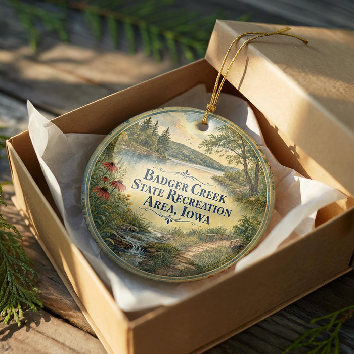 A circular ornament in a wooden box, featuring a scenic landscape with a river, trees, and flowers.