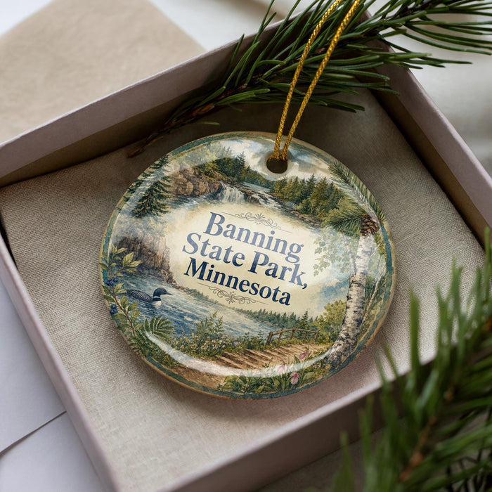 A decorative ornament in a box, featuring a scenic landscape with a lake, mountains, and pine trees.