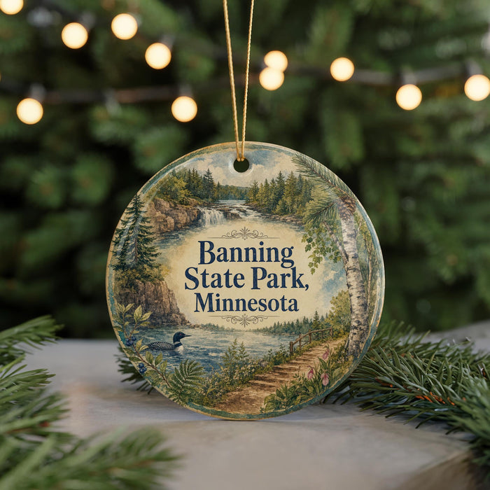 A round ornament with a scenic landscape of Banning State Park, Minnesota, featuring a waterfall, pine trees, and a bird.