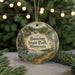 A round ornament with a scenic landscape of Banning State Park, Minnesota, featuring a waterfall, pine trees, and a bird.