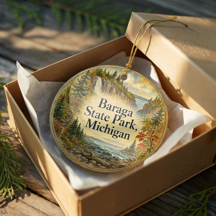 An oval ornament in a brown box, featuring a scenic landscape with a waterfall and trees, with the text "Baraga State Park, Michigan" printed on it.