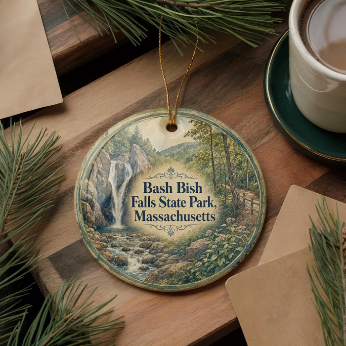 A circular ornament featuring a scenic image of Bash Falls State Park in Massachusetts, with the text "Bash Falls State Park, Massachusetts" prominently displayed.