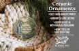 Ceramic ornaments, featuring a detailed image of a waterfall in a forest, are displayed in a basket. The text highlights the ornaments as "Ceramic Ornaments" and mentions their features such as "Cozy, high-quality prints", "Vibrant & long lasting", "Shipped fast in with holiday packaging", and " Won't peel or fade over time". The image also includes a scale indicating the size of the ornaments, with the text "2.8in" and the logo of
