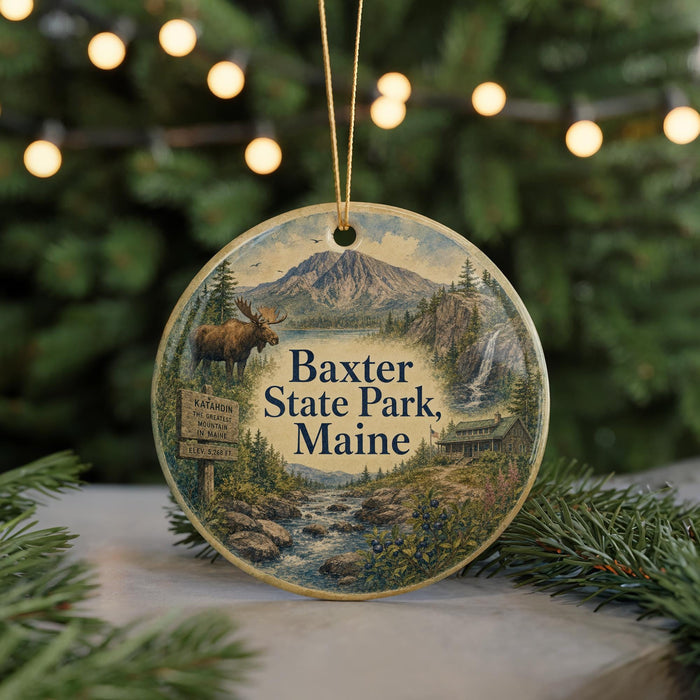 A circular ornament featuring a scenic landscape with a moose, mountains, and a river, hanging from a string.