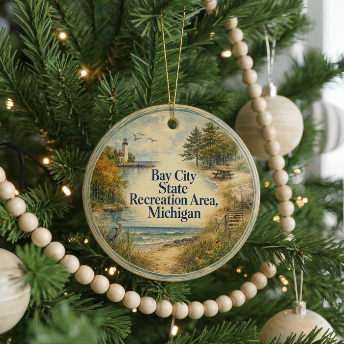 A round ornament hanging on a Christmas tree, featuring a scenic landscape with a lighthouse and a beach.