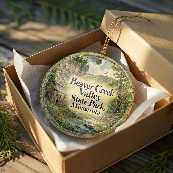 A round ornament in a brown box, featuring a scenic image of Beaver Creek Valley State Park in Minnesota.