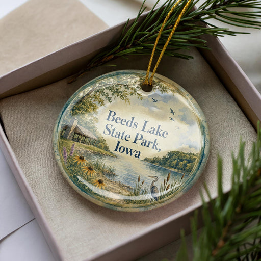 A decorative ornament in a box, featuring a scenic landscape with a lake, trees, and birds.