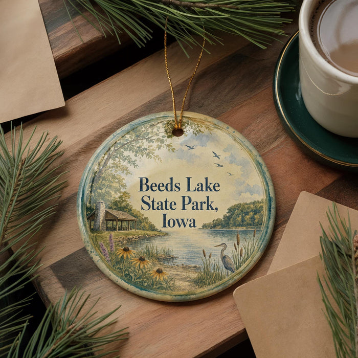 A round ornament with a scenic lake and park scene, featuring a bird and flowers, is displayed on a wooden surface alongside a cup of coffee and some pine branches.