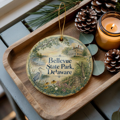 A decorative ornament with a scenic image of Bellevue State Park, Delaware, featuring a house, trees, and a lake. The ornament is placed on a wooden tray, with pine cones and a lit candle nearby.