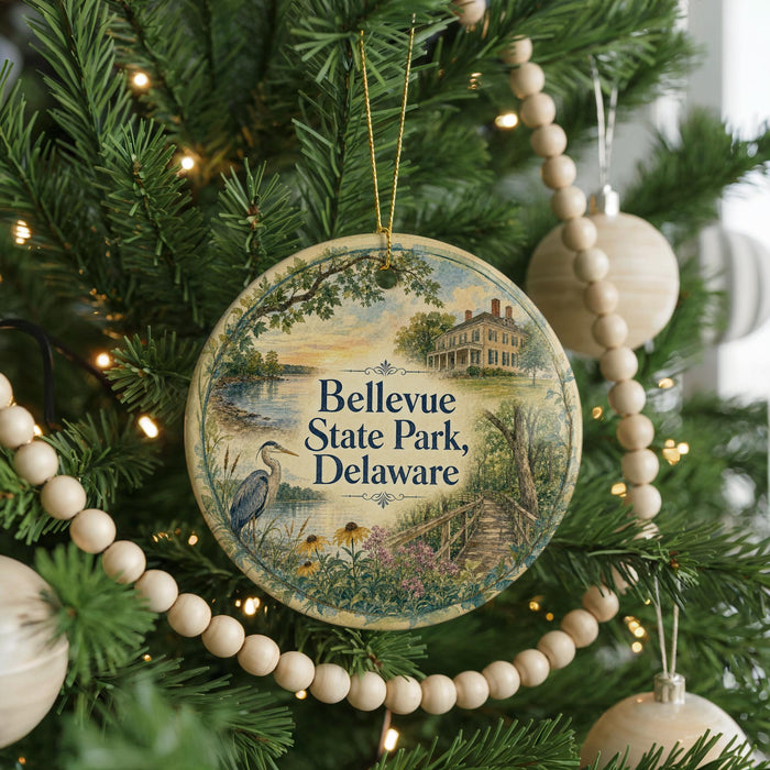 A round ornament hanging on a Christmas tree, featuring a scenic image of Belleview State Park, Delaware.