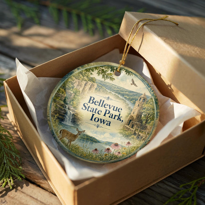 A decorative ornament in a wooden box, featuring a scenic landscape with a waterfall, a deer, and a castle, with the text "Bellevue State Park, Iowa" prominently displayed.
