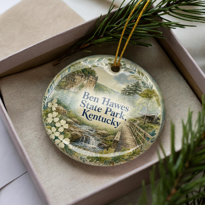 A decorative ornament in a box, featuring a scenic landscape with a bridge, trees, and water.