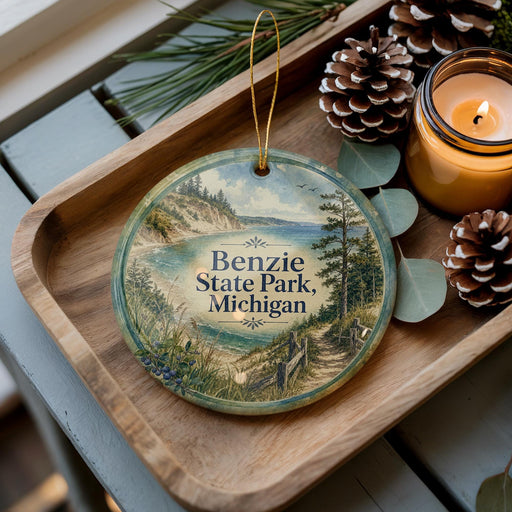 A round ornament with a scenic image of Benzie State Park, Michigan, is displayed on a wooden tray alongside pine cones and a lit candle.