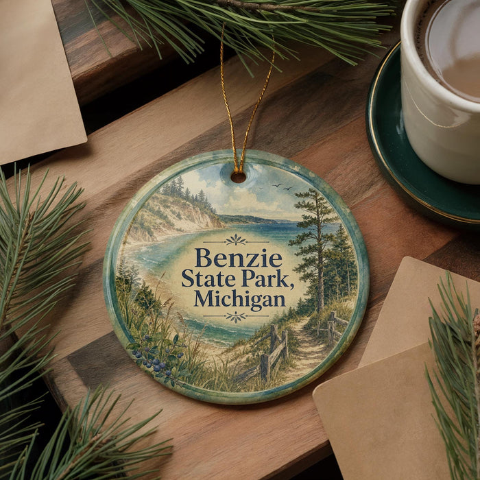 A round ornament with a scenic landscape of Benzie State Park, Michigan, featuring a lake, mountains, and pine trees.