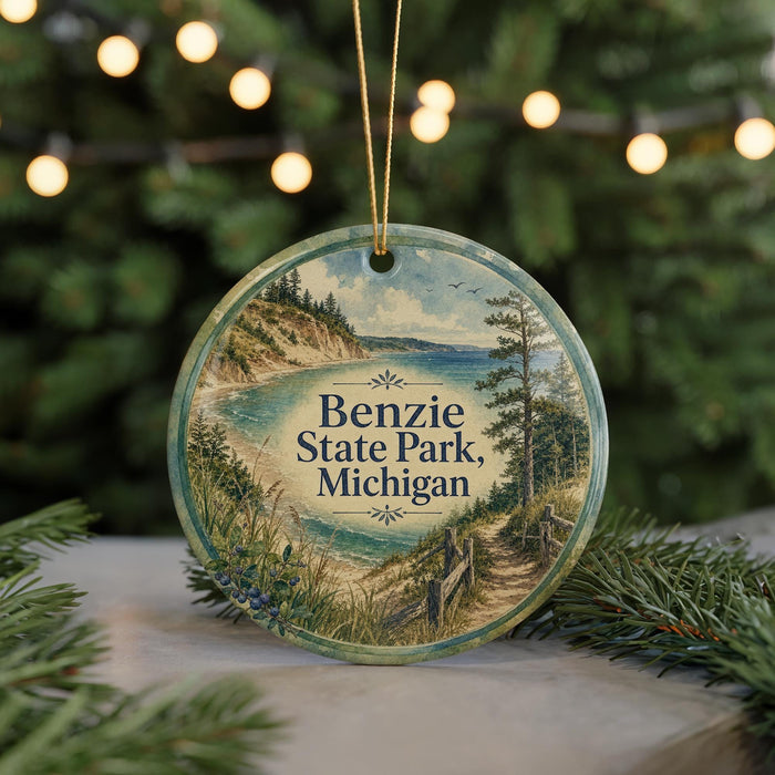 A round ornament with a scenic landscape of Benzie State Park, Michigan, featuring a path leading to a body of water surrounded by trees and greenery.